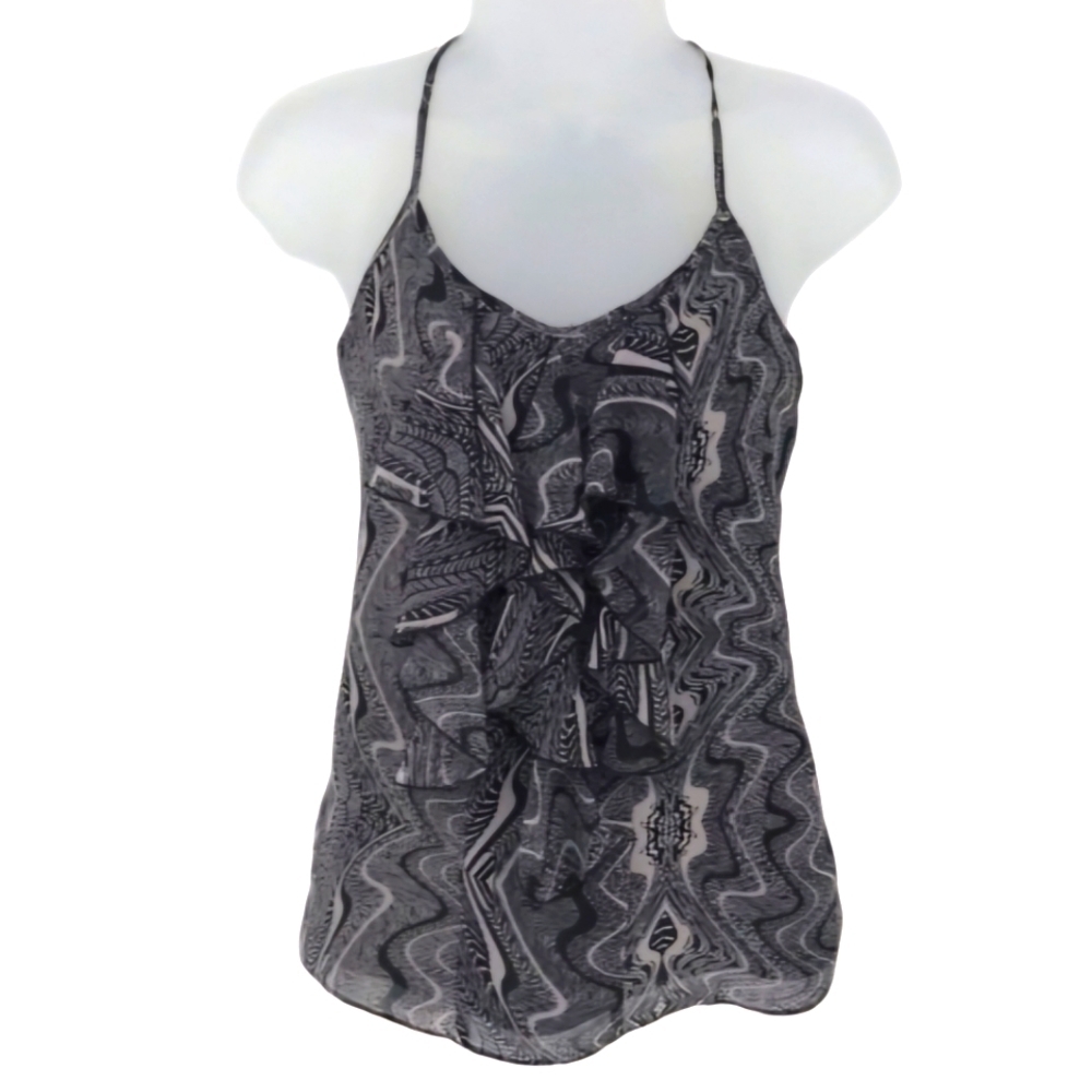 Guess Ruffle Front Open Back Black Artistic Pattern Tank Top Size XS